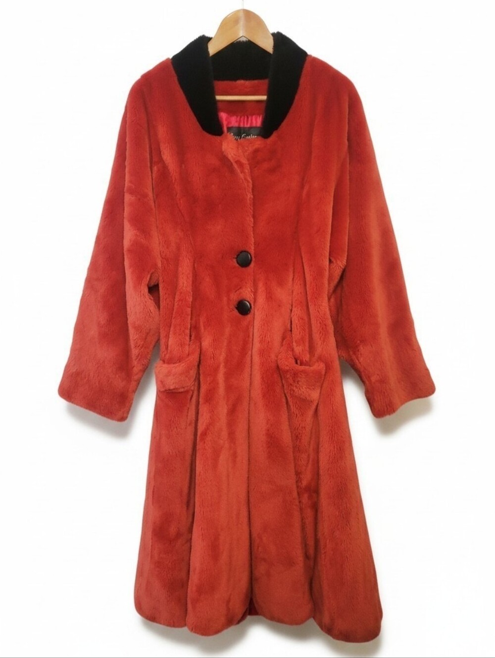 Vintage Blood Orange Red Lou Caétan Faux Fur Long Coat with Black Collar